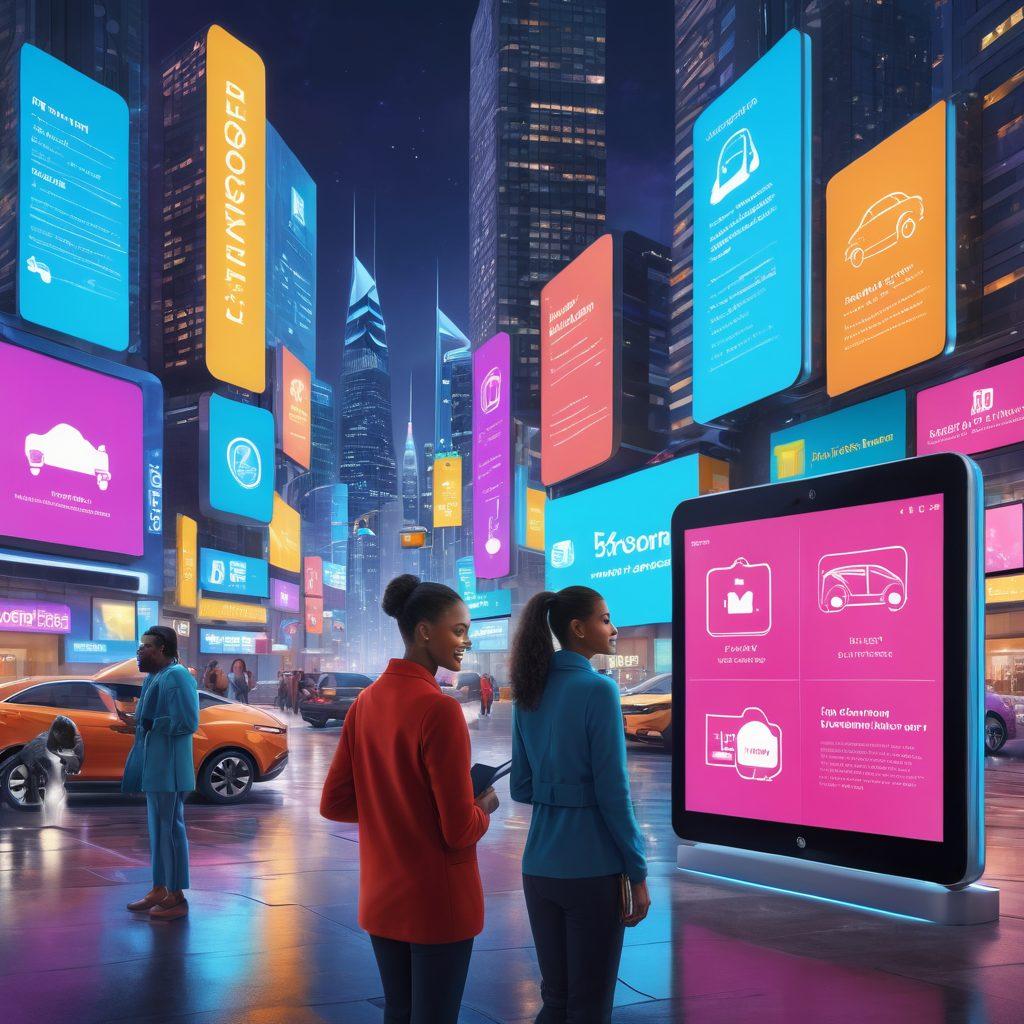 A futuristic digital marketplace showcasing a vibrant array of insurance options displayed on glowing screens. Various diverse people interacting with digital tablets, comparing quotes, and smiling, with icons of benefits like houses, cars, and health symbols around them. A sleek, modern cityscape in the background, emphasizing technology and accessibility. super-realistic. vibrant colors. 3D.