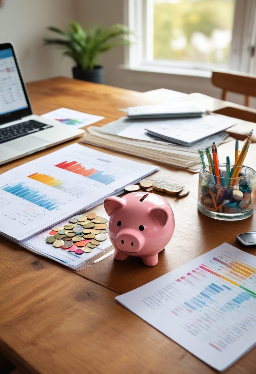 A person evaluating multiple insurance policy documents laid out on a table, with a calculator and a laptop displaying charts of savings. In the background, a piggy bank filled with coins symbolizes savings, while a bright light symbolizes hope and financial security. The scene is set in a cozy, modern home environment. super-realistic. vibrant colors. soft focus.