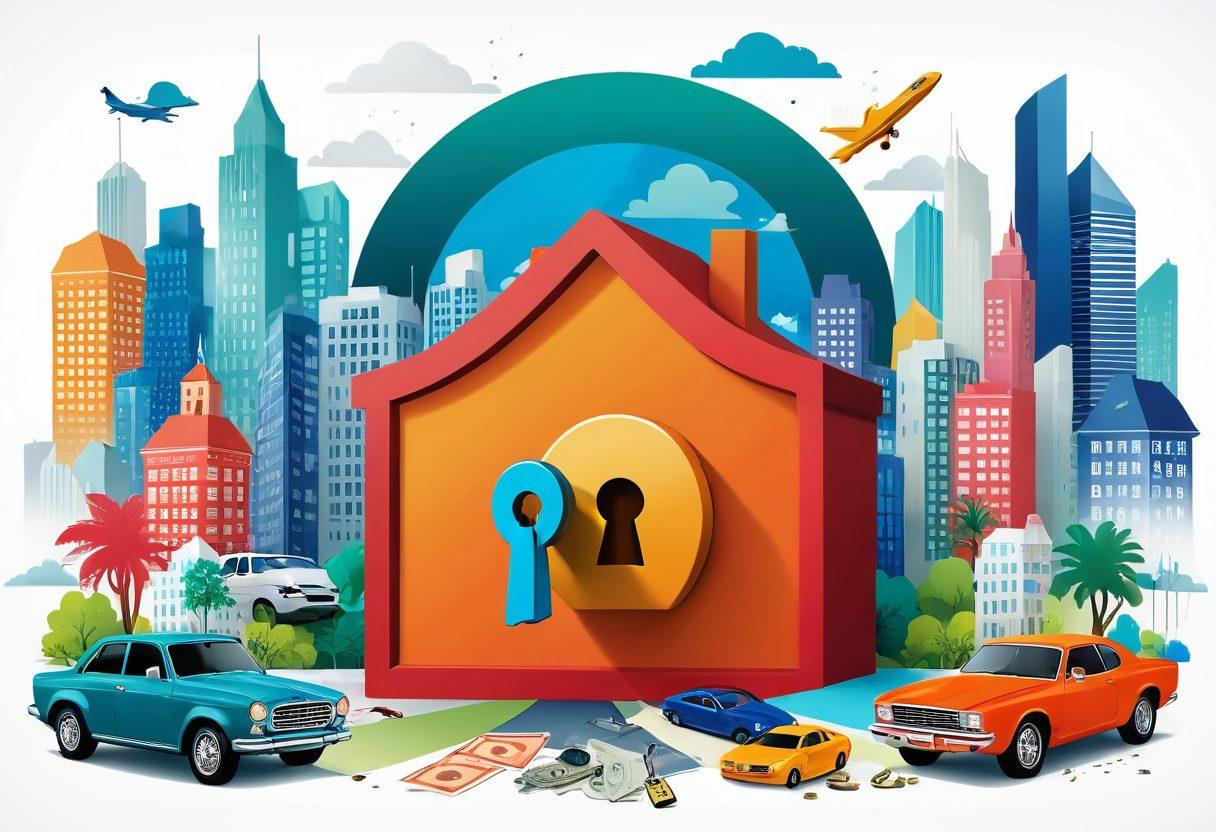A visually captivating illustration of a large open lock, symbolizing 'unlocking' solutions, surrounded by various insurance icons like a house, car, health symbol, and dollar sign. The background should feature a vibrant city skyline, representing safety and savings. A person joyfully holding a document titled 'Insurance Guide' stands next to the lock. The overall mood conveys security and opportunity. super-realistic. vibrant colors. white background.